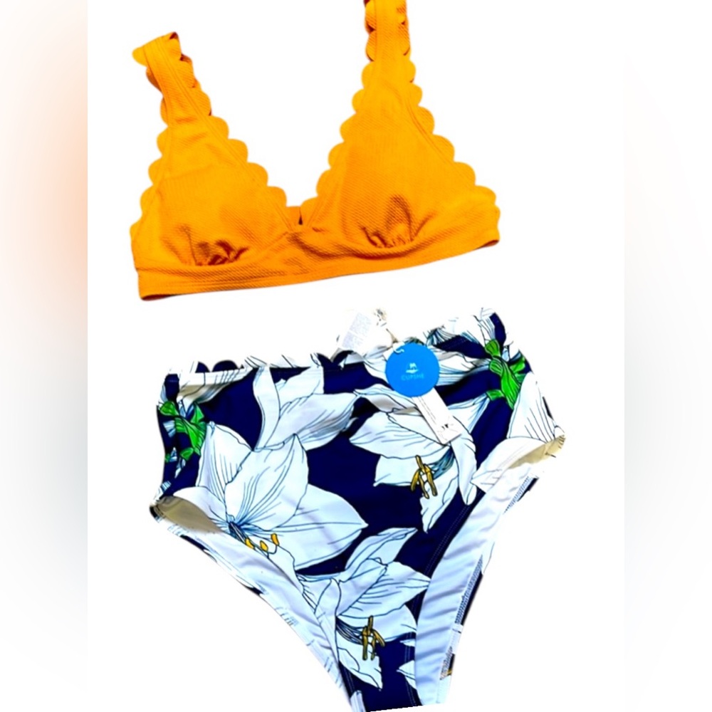 Cupshe Orange Scalloped Triangle Bikini Top with Navy Floral High-Waist Bottom